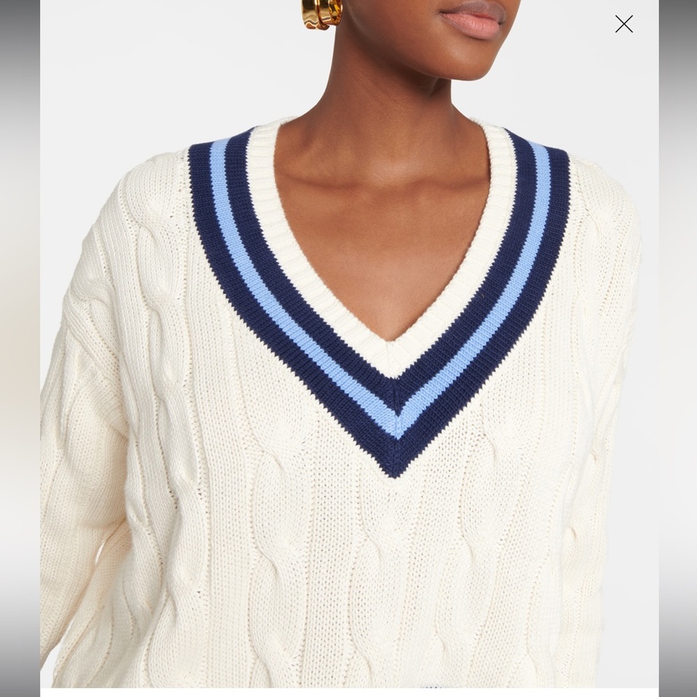 Polo by Ralph Lauren Cream Cable-Knit V-Neck Sweater with Navy & Light Blue Trim - Picture 9 of 9